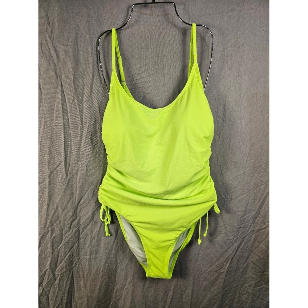 Neon Lime Green Ruched One Piece Swimsuit Women XL Adjustable Straps Scoop Neck